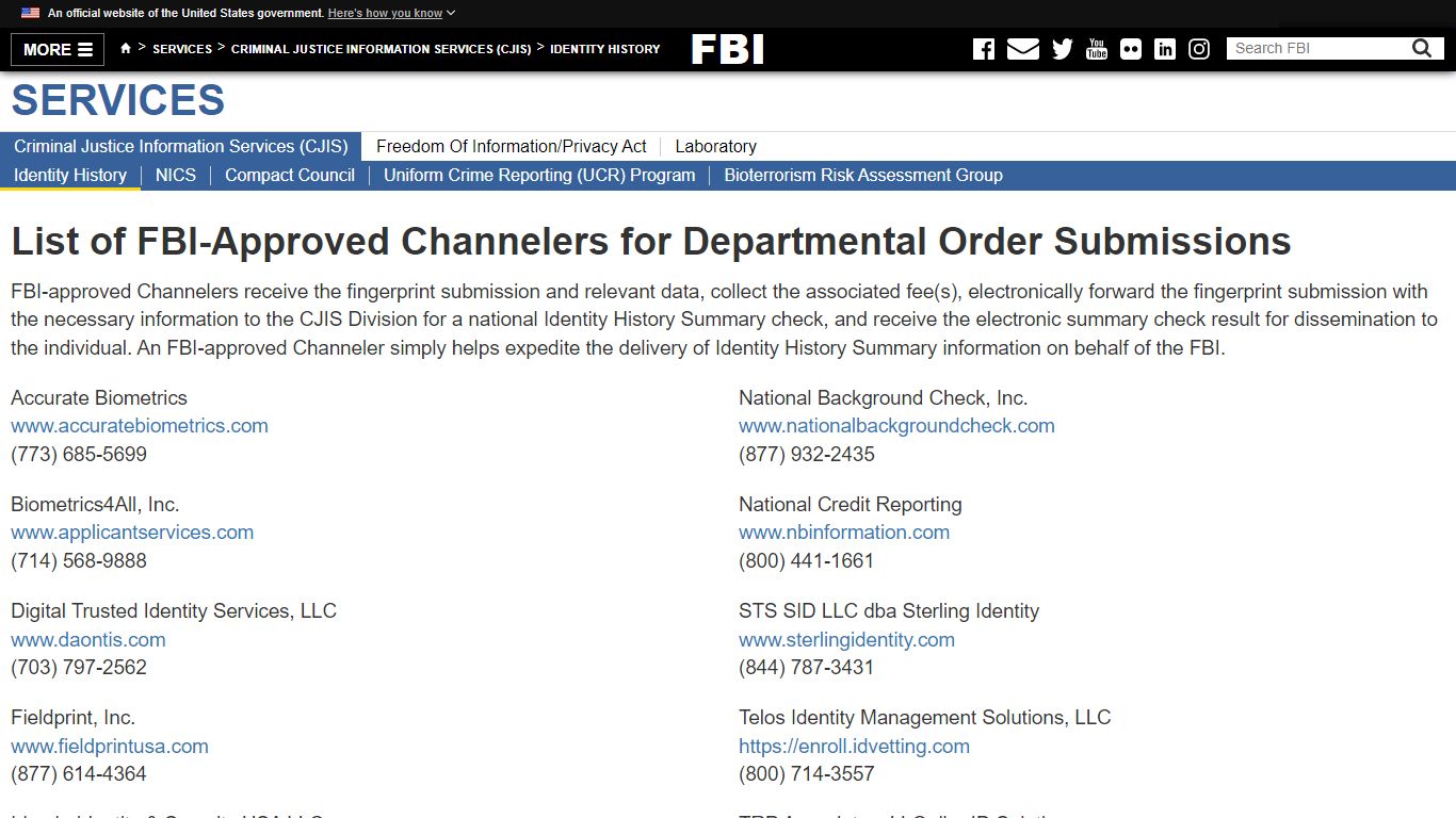 List of FBI-Approved Channelers for Departmental Order Submissions